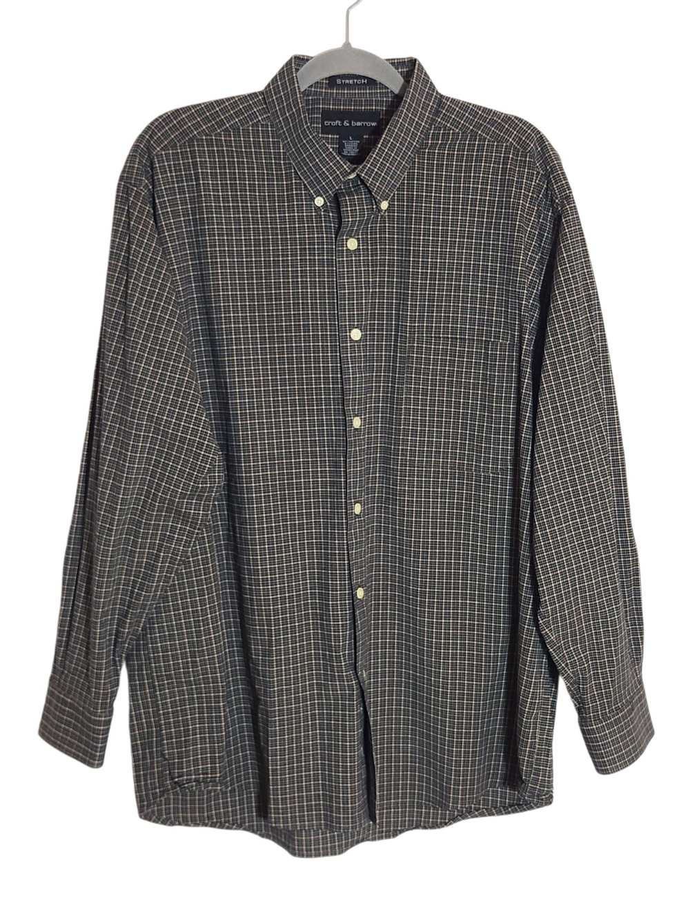 Croft and Barrow Tan and Black Plaid Button Down Shirt Size Large
